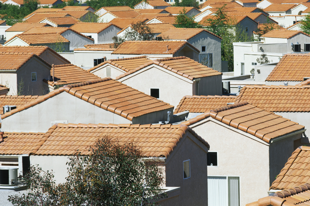 aerial view of Spanish tile roofing in desert city