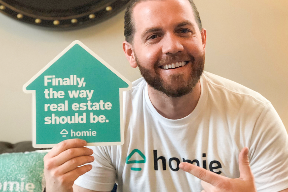 homie agent with the homie tagline displayed with him in a home