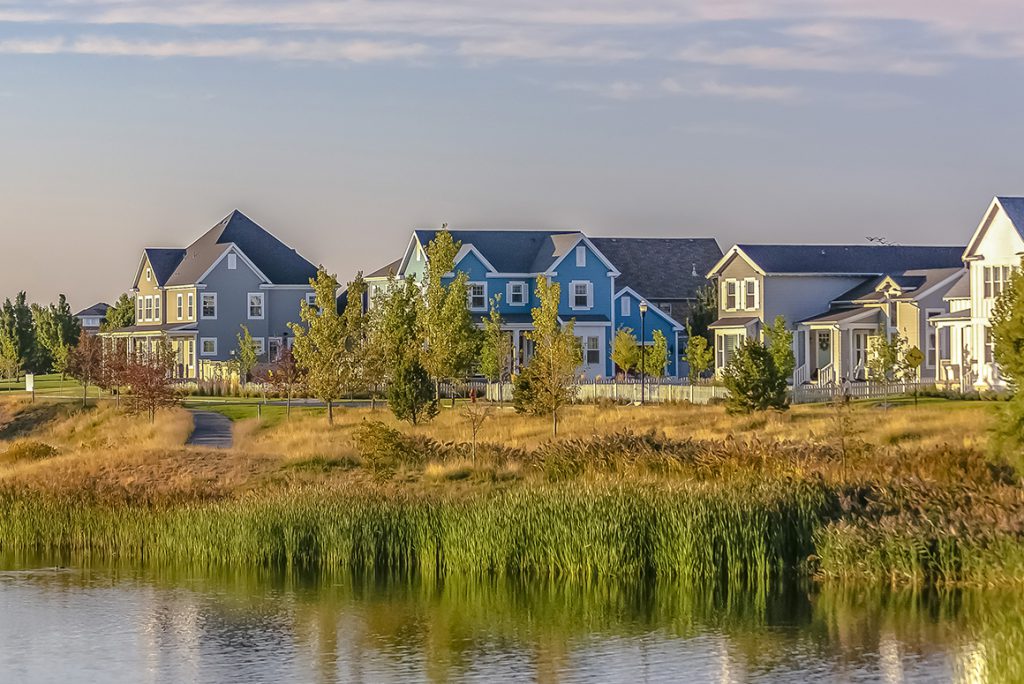 landscape photo of daybreak community by the lake